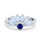 Two Piece Bridal Set Marquise Art Deco Wedding Engagement Ring Set Round Simulated Cubic Zirconia & Lab White Opal Band 925 Sterling Silver