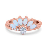 Two Piece Bridal Set Marquise Art Deco Wedding Engagement Ring Set Round Simulated Cubic Zirconia & Lab White Opal Band 925 Sterling Silver