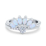Two Piece Bridal Set Marquise Art Deco Wedding Engagement Ring Set Round Simulated Cubic Zirconia & Lab White Opal Band 925 Sterling Silver