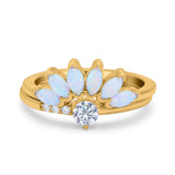 Two Piece Bridal Set Marquise Art Deco Wedding Engagement Ring Set Round Simulated Cubic Zirconia & Lab White Opal Band 925 Sterling Silver