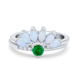 Two Piece Bridal Set Marquise Art Deco Wedding Engagement Ring Set Round Simulated Cubic Zirconia & Lab White Opal Band 925 Sterling Silver