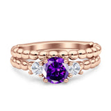 Three Stone Two Piece Bridal Wedding Beaded Ring Round Cubic Zirconia 925 Sterling Silver