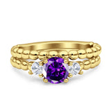 Three Stone Two Piece Bridal Wedding Beaded Ring Round Cubic Zirconia 925 Sterling Silver