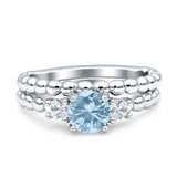 Three Stone Two Piece Bridal Wedding Beaded Ring Round Cubic Zirconia 925 Sterling Silver