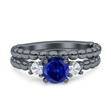 Three Stone Two Piece Bridal Wedding Beaded Ring Round Cubic Zirconia 925 Sterling Silver