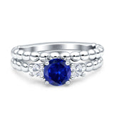 Three Stone Two Piece Bridal Wedding Beaded Ring Round Cubic Zirconia 925 Sterling Silver