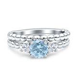 Three Stone Two Piece Bridal Round Beaded Natural Aquamarine Engagement Ring