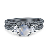 Three Stone Two Piece Bridal Round Beaded Natural Moonstone Engagement Ring