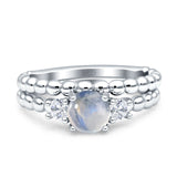 Three Stone Two Piece Bridal Round Beaded Natural Moonstone Engagement Ring