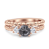 Three Stone Two Piece Bridal Round Beaded Natural Rutilated Quartz Engagement Ring