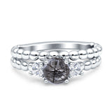Three Stone Two Piece Bridal Round Beaded Natural Rutilated Quartz Engagement Ring