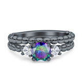Three Stone Two Piece Bridal Wedding Beaded Ring Round Cubic Zirconia 925 Sterling Silver