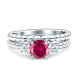 Three Stone Two Piece Bridal Wedding Beaded Ring Round Cubic Zirconia 925 Sterling Silver