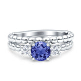Three Stone Two Piece Bridal Wedding Beaded Ring Round Cubic Zirconia 925 Sterling Silver