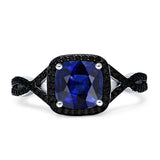 Halo Cushion Infinity Twist Side Stone Simulated Black CZ Engagement Ring Cubic Zirconia 925 Sterling Silver
