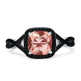 Halo Cushion Infinity Twist Side Stone Simulated Black CZ Engagement Ring Cubic Zirconia 925 Sterling Silver