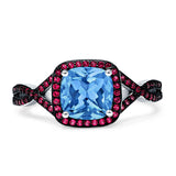 Halo Cushion Infinity Twist Side Stone Simulated Ruby CZ Engagement Ring Cubic Zirconia 925 Sterling Silver