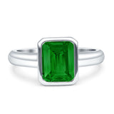 Bezel Set 8mmx6mm Emerald Engagement Ring Cubic Zirconia 925 Sterling Silver