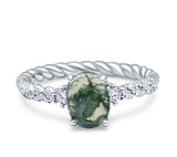 Hidden Halo Twisted Rope Oval Natural Green Moss Agate Engagement Ring