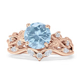 Art Deco Round Natural Aquamarine Infinity Leaf Design Bridal Ring 925 Sterling Silver