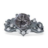 Art Deco Round Natural Rutilated Quartz Infinity Leaf Design Bridal Ring 925 Sterling Silver