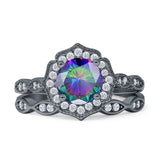 Two Piece Round Halo Floral Ring Cubic Zirconia 925 Sterling Silver