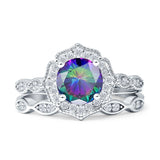 Two Piece Round Halo Floral Ring Cubic Zirconia 925 Sterling Silver
