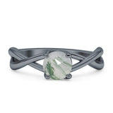 Solitaire Round Split Shank Ring Natural  Green Moss Agate 925 Sterling Silver