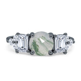 Three Stone Round Natural Green Moss Agate Vintage Style Ring 925 Sterling Silver