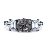 Three Stone Round Natural Rutilated Quartz Vintage Style Ring 925 Sterling Silver
