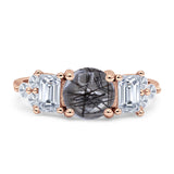 Three Stone Round Natural Rutilated Quartz Vintage Style Ring 925 Sterling Silver