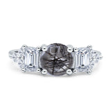 Three Stone Round Natural Rutilated Quartz Vintage Style Ring 925 Sterling Silver
