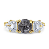 Three Stone Round Natural Rutilated Quartz Vintage Style Ring 925 Sterling Silver