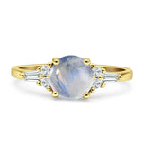 Round Natural Moonstone Vintage Style Ring Baguette 925 Sterling Silver