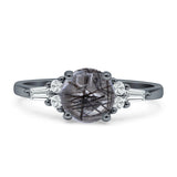 Round Natural Rutilated Quartz Vintage Style Ring Baguette 925 Sterling Silver