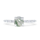 Solitaire Baguette Round Natural Green Moss Agate Engagement Ring 925 Sterling Silver
