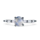 Solitaire Baguette Round Natural Moonstone Engagement Ring 925 Sterling Silver