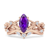 Marquise Split Shank Vintage Style Cubic Zirconia Leaf Floral Ring 925 Sterling Silver
