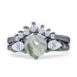 Two Piece Round Natural Green Moss Agate Vintage Style Bridal Engagement Ring 925 Sterling Silver