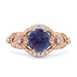 Two Sunflower Design Round Lab Alexandrite Ring 925 Sterling Silver