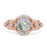 Two Sunflower Design Round Natural Green Moss Agate Ring 925 Sterling Silver