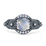 Two Sunflower Design Round Natural Moonstone Ring 925 Sterling Silver