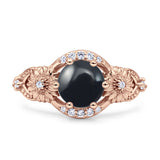 Two Sunflower Design Round Natural Black Onyx Ring 925 Sterling Silver