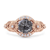 Two Sunflower Design Round Natural Rutilated Quartz Ring 925 Sterling Silver