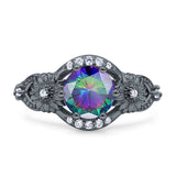 Art Deco Ring Sunflower Design Round Cubic Zirconia 925 Sterling Silver