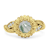 Sunflower Ring Infinity Twisted Round Natural Green Moss Agate 925 Sterling Silver