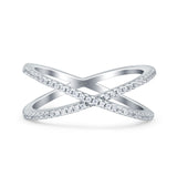 Cross Over X Crisscross Engagement Ring Round Simulated Cubic Zirconia 925 Sterling Silver