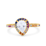 Pear Art Deco Multi Color Wedding Bridal Ring Simulated Cubic Zirconia 925 Sterling Silver