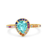 Pear Art Deco Multi Color Wedding Bridal Ring Simulated Cubic Zirconia 925 Sterling Silver