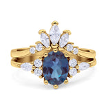 Art Deco Oval Lab Alexandrite Engagement Ring Bridal Set